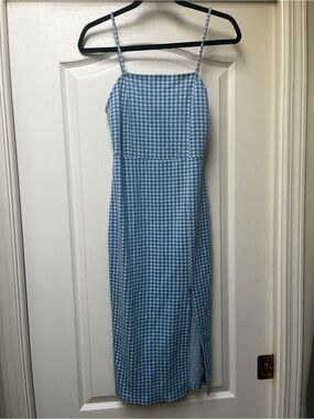 Zara Light Blue Gingham Midi Dress with Side Slit